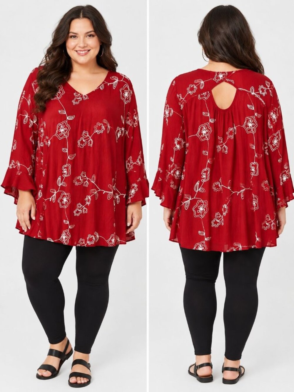 Catherines Tunic Top Size 1X Red White Floral Embroidery Cut Out Bell Sleeve